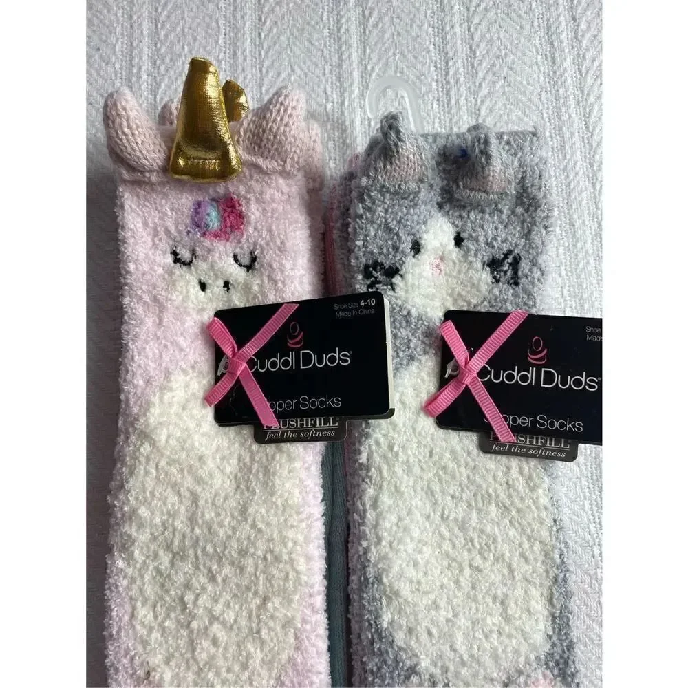 Cuddl Duds Girls Shoe Size 4-10 Lounge Crew Slipper Socks Total 4 Pr